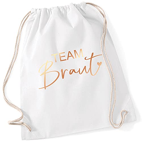Miss Lovely JGA Turnbeutel Rucksack TEAM BRAUT Stofftasche mit Herz für Junggesellenabschied Bride Crew Farben weiß & rosé-gold Baumwolle Maße 37 x 46cm von Miss Lovely