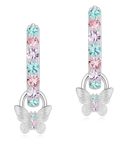Ohrringe für Mädchen Kinder Creolen Nickelfrei 925 Sterling Silber mit Schmetterling Anhänger Mädchenohrringe Charm Design Hypoallergen Silberohrringe Multicolor von Miss Lovie