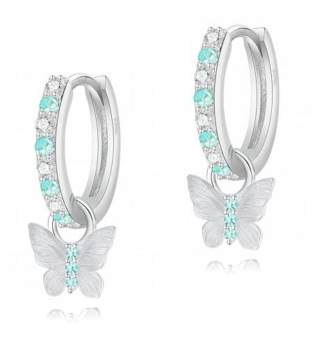 Ohrringe für Mädchen Kinder Creolen Nickelfrei 925 Sterling Silber mit Schmetterling Anhänger Mädchenohrringe Charm Design Hypoallergen Silberohrringe Türkis von Miss Lovie