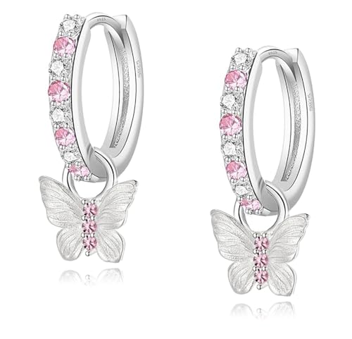 Ohrringe für Mädchen Kinder Creolen Nickelfrei 925 Sterling Silber mit Schmetterling Anhänger Mädchenohrringe Charm Design Hypoallergen Silberohrringe Rosa von Miss Lovie