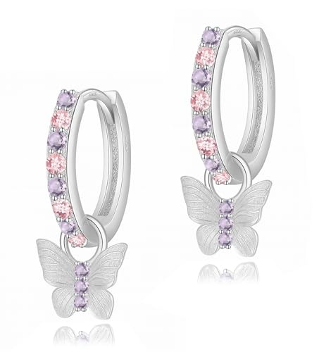 Creolen Mit Schmetterling - Schmetterling Ohrringe Silber 925 Kinder Charm Ohrringe Mädchen Lila von Miss Lovie