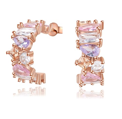 Ohrstecker Creolen Silber 925 Rosegold Mit Funkelnden Bunten Asymmetrischen Zirkonia Steinen, Hängende Ohrringe Rosegold Für Damen, Geliefert In Eleganter Schmuck Geschenkbox von Miss Lovie