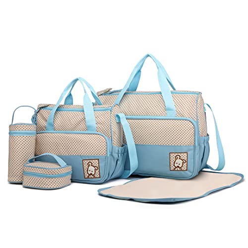 Miss Lulu 5er-Set Baby Wickeltasche Babytasche Tasche Mutter Windeltasche Handtasche Schultertasche Flaschenhalter mit wickelunterlage (Blau) von Miss Lulu