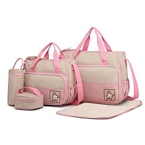 Miss Lulu 5er-Set Baby Wickeltasche Babytasche Tasche Mutter Windeltasche Handtasche Schultertasche Flaschenhalter mit wickelunterlage (Pink) von Miss Lulu