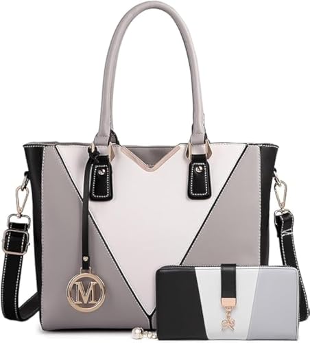 Miss Lulu Damen Chic Top-Griff Tasche Luxus Tote Minimalistisches Design Mode Crossbody Tasche mit Farbblockierung Vielseitig für Business und Casual, Grau, 2er-Set, L von Miss Lulu