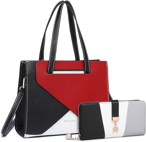 Miss Lulu Damen Handtasche Henkeltasche PU Leder Schultertasche mit verstellbarem Riemen, Tragegriff oben, für Alltags Mode Arbeit Mittelgroß mit Geldbörse 2-teiliges Set von Miss Lulu