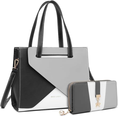 Miss Lulu Damen Handtasche Henkeltasche PU Leder Schultertasche mit verstellbarem Riemen, Tragegriff oben, für Alltags Mode Arbeit Mittelgroß mit Geldbörse 2-teiliges Set von Miss Lulu