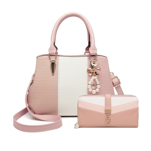 Miss Lulu Damen Handtasche Henkeltasche mehrfarbig PU Leder mit Perle und Crystal Style Drop Alltags Mode Arbeit (Rosa Geldbörse Set) von Miss Lulu