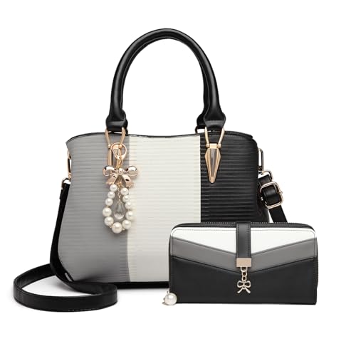 Miss Lulu Damen Handtasche Henkeltasche mehrfarbig PU Leder mit Perle und Crystal Style Drop Alltags Mode Arbeit (Schwarz Geldbörse Set) von Miss Lulu