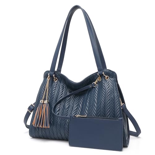 Miss Lulu Damen Handtasche Leder Henkeltasche Hobo Schultertasche, Groß Schultertasche mit Quasten Abnehmbar Schulterriemen und Flechtmuster (Marineblau) von Miss Lulu