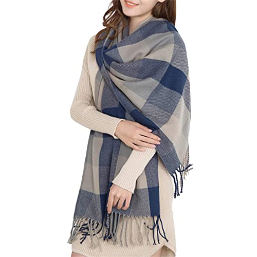 Miss Lulu Winter Lange Weiche Warme Tartan Schals Wraps für Frauen Wolle Spinnen Quaste Schal Lange Stola (Grau) von Miss Lulu