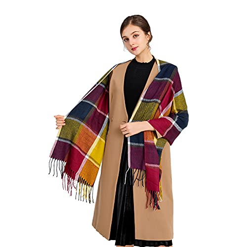 Miss Lulu Damen Schal Kariert übergroßer Quadratisch Deckenschal Winterschal Karo Tartan Streifen Plaid Muster Oversized Fransen Poncho (Lila) von Miss Lulu