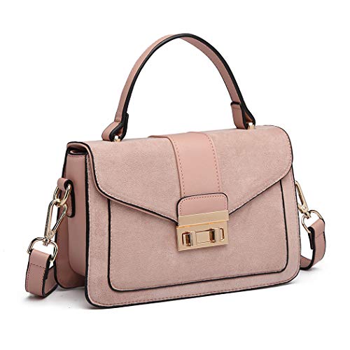 Miss Lulu Damen Tasche Henkeltasche Mittelgroß Umhängetasche Tasche mit Kunstleder und Wildleder Vintage Flap Handtasche Crossbody Bag mit ovaler Metallverzierung Elegant Exquisit von Miss Lulu
