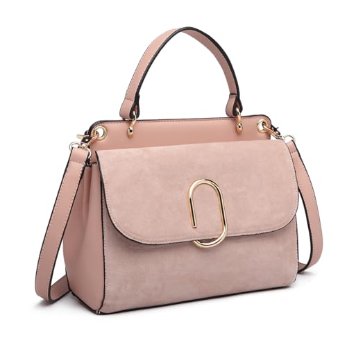 Miss Lulu Damen Tasche Henkeltasche Mittelgroß Umhängetasche Tasche mit Kunstleder und Wildleder Vintage Flap Handtasche Crossbody Bag mit ovaler Metallverzierung Elegant Exquisit von Miss Lulu