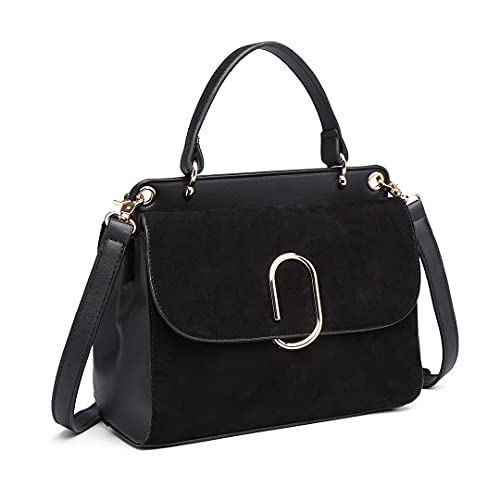 Miss Lulu Damen Umhängetasche Mittelgroß Top-Griff Tasche mit Kunstleder und Wildleder Vintage Flap Handtasche Crossbody Bag mit ovaler Metallverzierung Elegant Exquisit von Miss Lulu