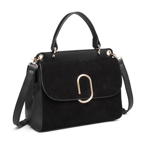Miss Lulu Damen Tasche Henkeltasche Mittelgroß Umhängetasche Tasche mit Kunstleder und Wildleder Vintage Flap Handtasche Crossbody Bag mit ovaler Metallverzierung Elegant Exquisit von Miss Lulu