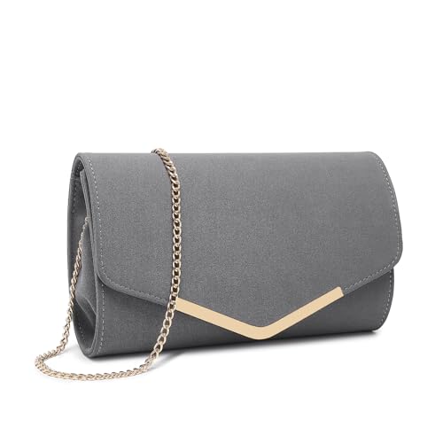 Miss Lulu Damen Umschlag Clutch Elegant Abendtasche Brauttasche Umschlag Clutch Tasche Handtasche mit Kette für Hochzeit Party Prom Grau von Miss Lulu