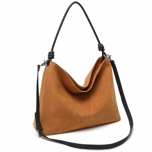 Miss Lulu Damen Wildleder Leder Handtasche, Groß Vintage Schultertasche für Frauen,Weiche Kunstleder Umhängetasche Hobo Tote Bag für Arbeit Schule Büro Reisen (Braun) von Miss Lulu