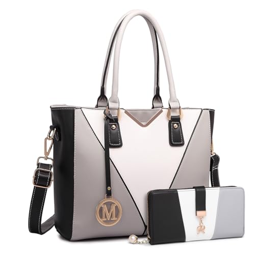 Miss Lulu Handtasche Damen, Taschen Damen, Schultertaschen Damen Shopper Damen Handtaschen Damen V-förmiges Design Synthetic Ledertasche Mit abnehmbarem Schultergurt, Grau Geldbörsen-Set von Miss Lulu