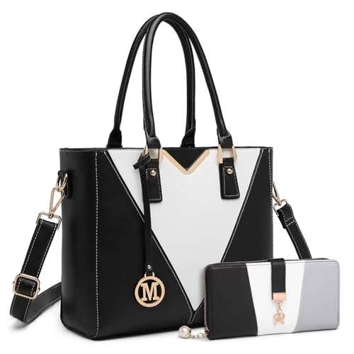 Miss Lulu Handtasche Damen Taschen Schultertaschen Damen Shopper Handtaschen Damen V-förmiges Design Synthetic Ledertasche mit abnehmbarem Schultergurt Schwarz Geldbörsen-Set von Miss Lulu