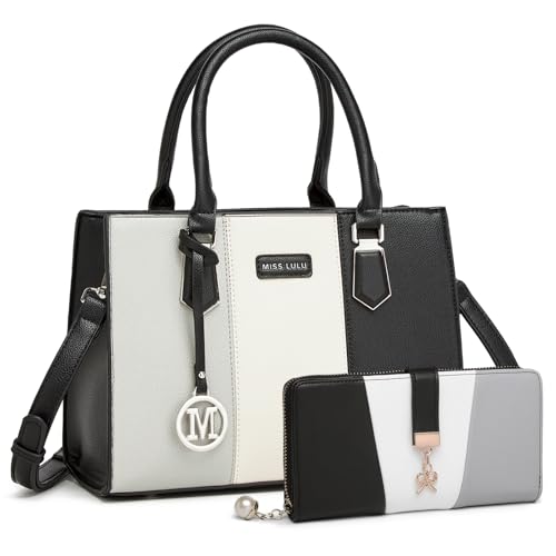 Miss Lulu Handtasche Damen Mittelgroß, Dreifarbige Color Block PU Litschi Struktur, Verstellbarer Schultergurt, Rückseitiger Diebstahlschutz Reißverschluss, 4 Fächer, Arbeit Reisen Schule von Miss Lulu