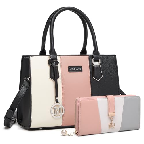 Miss Lulu Handtasche Damen Mittelgroß, Dreifarbige Color Block PU Litschi Struktur, Verstellbarer Schultergurt, Rückseitiger Diebstahlschutz Reißverschluss, 4 Fächer, Arbeit Reisen Schule von Miss Lulu