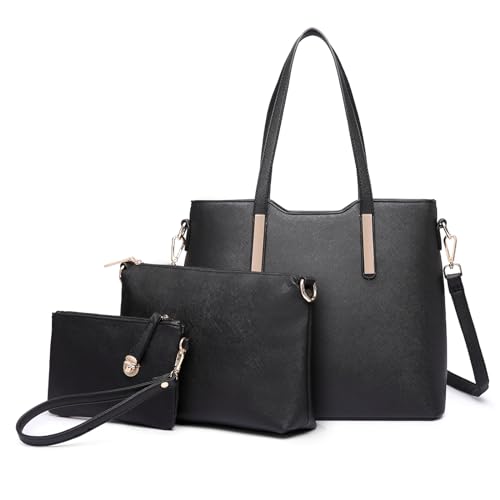 Miss Lulu Handtasche Damen Shopper Schultertasche Groß Henkeltasche Tragetasche Aktentasche Tasche Tote für Büro Schule Einkauf Reise Elegant PU Leder 3 Stück Set (Schwarz) von Miss Lulu