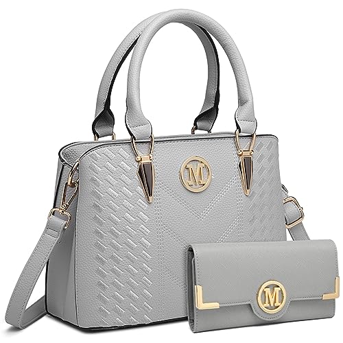 Miss Lulu Handtasche Damen, Handtasche Damen Mittelgroß Tasche Damen Mittelgroß Elegant Henkeltasche Damen Citytasche Handtasche Geldbörsen-Set (Hellgrau - mit Geldbörse) von Miss Lulu