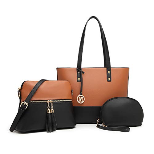 Miss Lulu Schultertaschen für Damen Shopper Damen Groß Handtaschen Damen große Kontrastfarbe Tragetaschen 3-teiliges Set Quaste Umhängetasche Aktentasche für Arbeit Schule von Miss Lulu