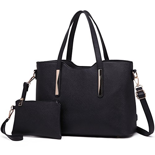 Miss Lulu Henkeltasche Damen Tasche 2 tIg. Shopper Reise Schultertasche,Schwarz von Miss Lulu