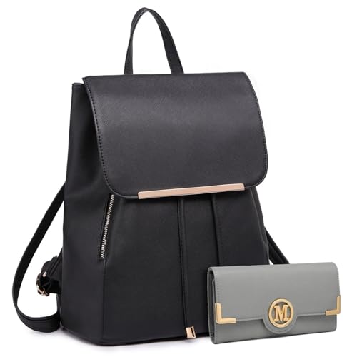 Miss Lulu Rucksack Damen Kunstleder Rucksack Damen Elegant Rolltop Rucksack Damen Tunnelzug-Design Cityrucksack Tasche Umhängetasche Schulrucksäcke mit Grau Geldbörsen von Miss Lulu