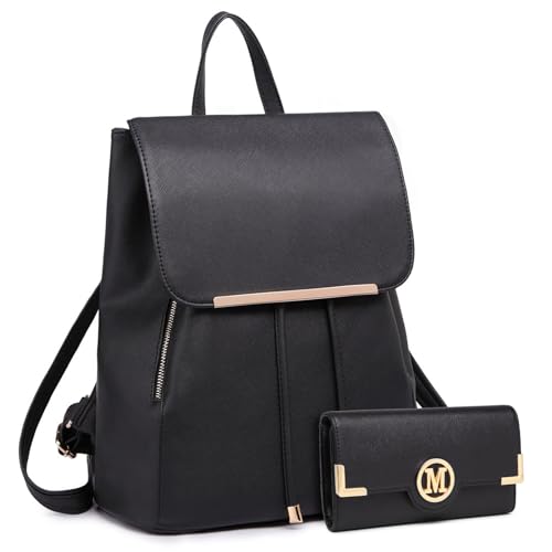 Miss Lulu Rucksack Damen Kunstleder Rucksack Damen Elegant Rolltop Rucksack Damen Tunnelzug-Design Cityrucksack Tasche Umhängetasche Schulrucksäcke mit Schwarz Geldbörsen von Miss Lulu