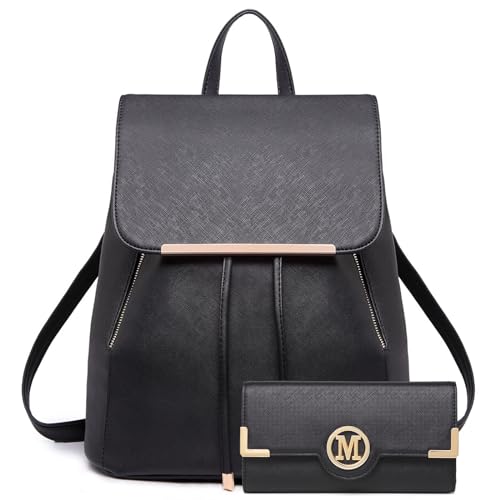 Miss Lulu Rucksack Damen Kunstleder Rucksack Damen Elegant Rolltop Rucksack Damen Tunnelzug-Design Cityrucksack Tasche Umhängetasche Schulrucksäcke mit Schwarz Geldbörsen von Miss Lulu