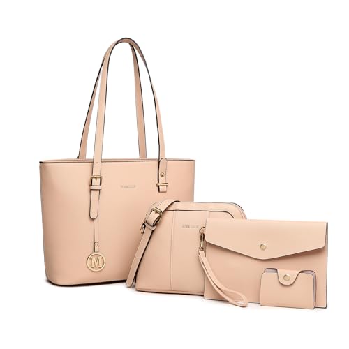 Miss Lulu Schultertasche Damen Henkteltasche Große Handtaschen PU Leder Frauen Umhängetaschen Elegant Shopper Taschen Kartenetui Verstellbarer Schultergurt 4-teiliges Set Pink von Miss Lulu