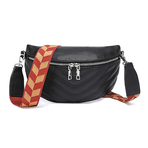 Miss Lulu Bauchtasche Damen Crossbody Bag Damen Brusttasche Breiter Gurt mit Reißverschluss Stylisch Schwarz von Miss Lulu