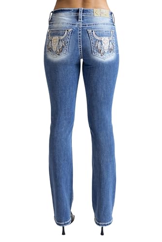 Miss Me - - Damen 32" Western Mid-Rise Slim Bootcut Jeans, Kolorit Medium Blue, Größe: 32W x 32L von Miss Me