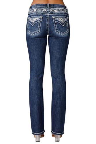 Miss Me - Damen Fleur de Lis Mid-Rise Slim Bootcut Jeans, 86,4 cm, dunkelblau, 32 W/34 L von Miss Me