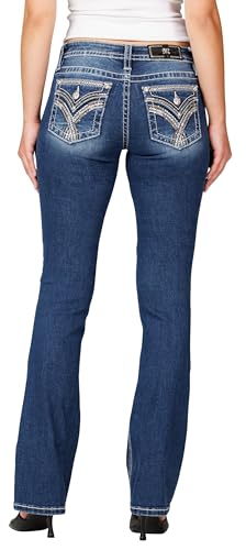 Miss Me Damen Halbhohe Bootcut-Jeans mit Kettengliedern und Kreuzstich und Kunstpattentaschen, Dunkelblau, 25W / 34L von Miss Me