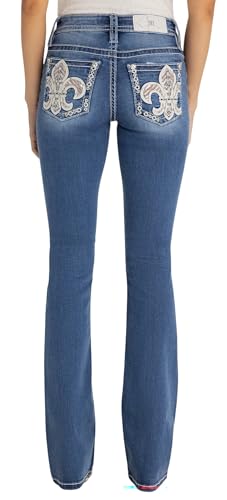 Miss Me Damen Royal Radiance Fluer De Lis Mid Rise Bootcut Jeans, Mittelblau, 28W / 32L von Miss Me