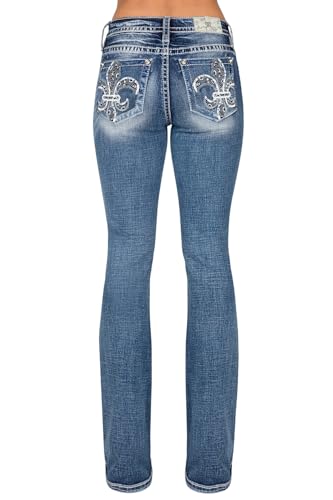 Miss Me - - Damen Vernal Fleur De Lis Bootcut-Jeans mit mittlerer Leibhöhe, Kolorit Medium Blue, Größe: 30W x 32L von Miss Me