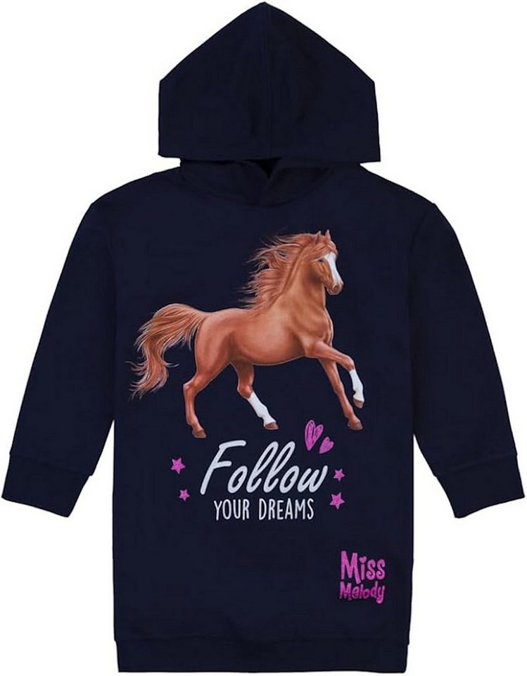 Miss Melody A-Linien-Kleid Miss Melody Kleid Kapuze Sweatkleid braunes Pferd dunkelblau (kein Set, 1-tlg) Markenlabel von Miss Melody
