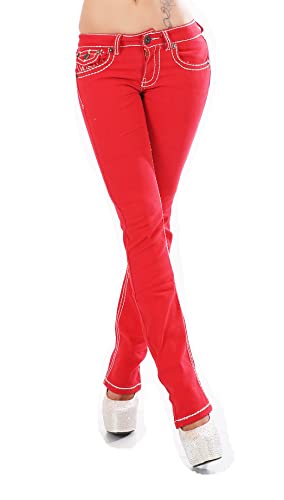 Miss RJ Jeans Damen Skinny Jeans Flap Pocket Dicke Nähte Jeanshose (40, Rot) von Miss RJ