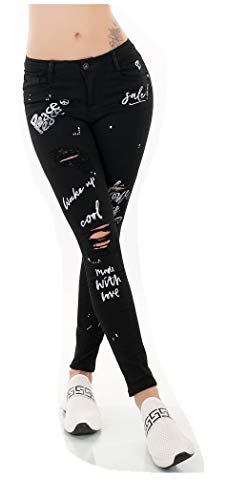 Miss RJ Jeans High Waist Damen Skinny Jeans Jeanshose Used Look mit Schriftzug Print (34) von Miss RJ