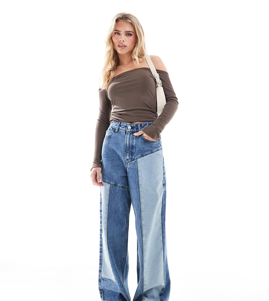 Miss Selfridge Petite - Baggy Jeans in blauer Waschung mit Denim-Patches von Miss Selfridge Petite
