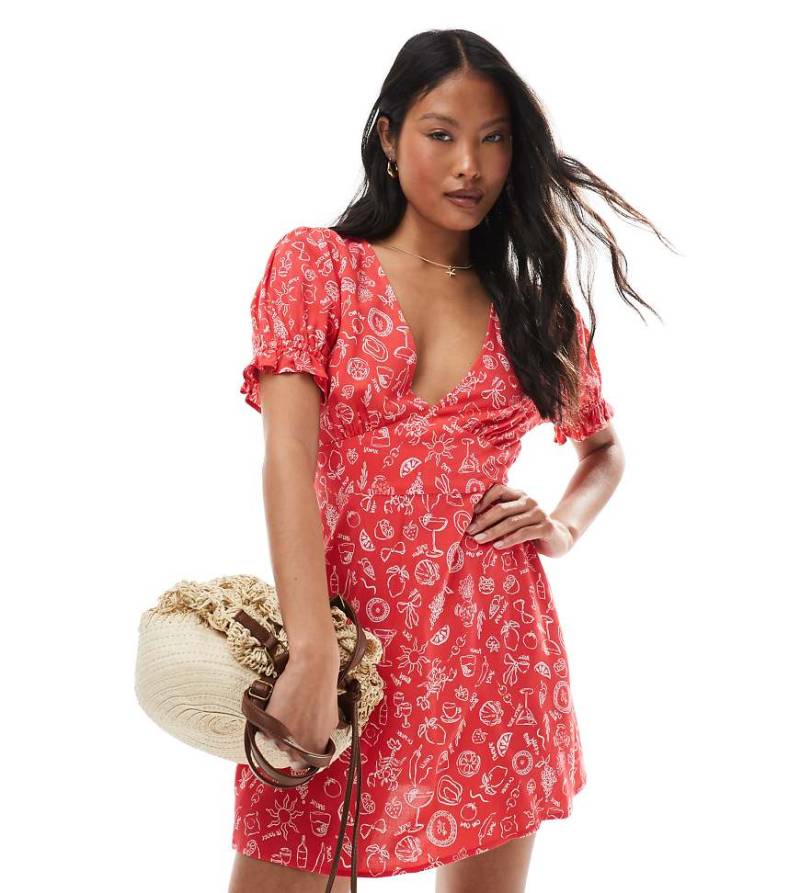 Miss Selfridge Petite - Gesponnenes Mini-Freizeitkleid in Rot mit Urlaubsmuster von Miss Selfridge Petite
