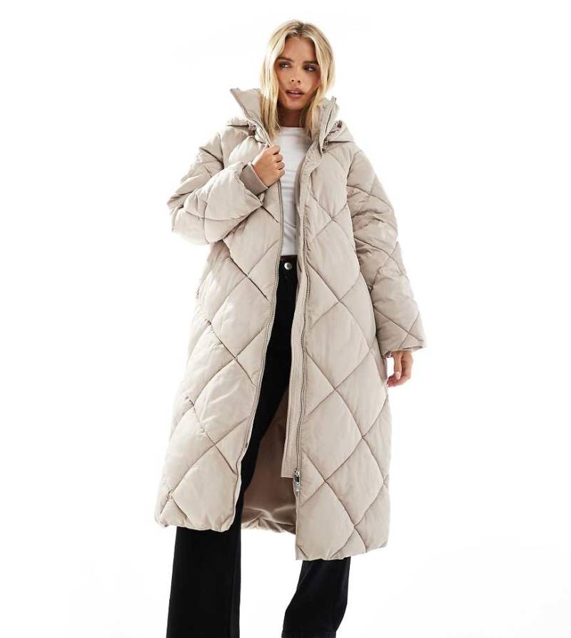 Miss Selfridge Petite - Gesteppter Maxi-Puffermantel in Mokkabraun mit Kapuze-Brown von Miss Selfridge Petite