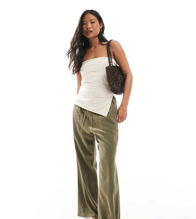 Miss Selfridge Petite - Hose aus Leinenmix in Khaki mit Tunnelzug-Bund-Grün von Miss Selfridge Petite