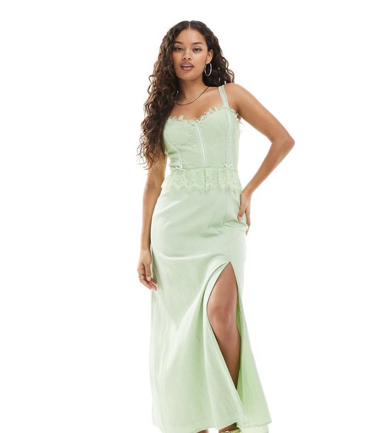 Miss Selfridge Petite - Korsett-Maxikleid aus Mullstoff in Grün mit Schleifenbesatz von Miss Selfridge Petite