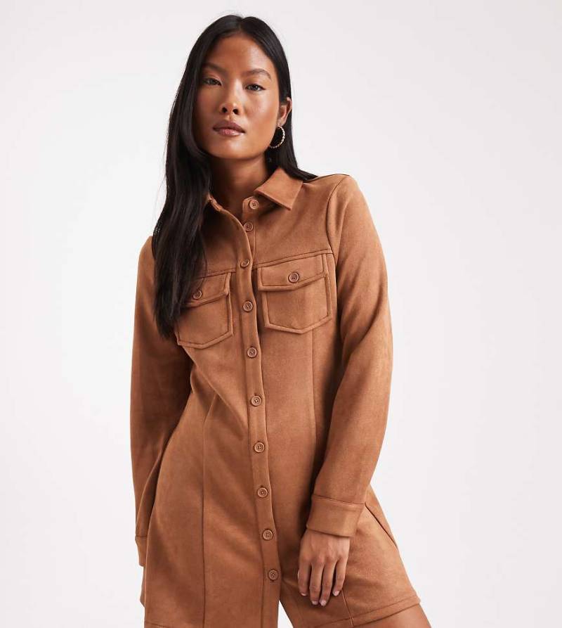 Miss Selfridge Petite - Langärmliges Kleid aus Wildlederimitat in Hellbraun-Brown von Miss Selfridge Petite