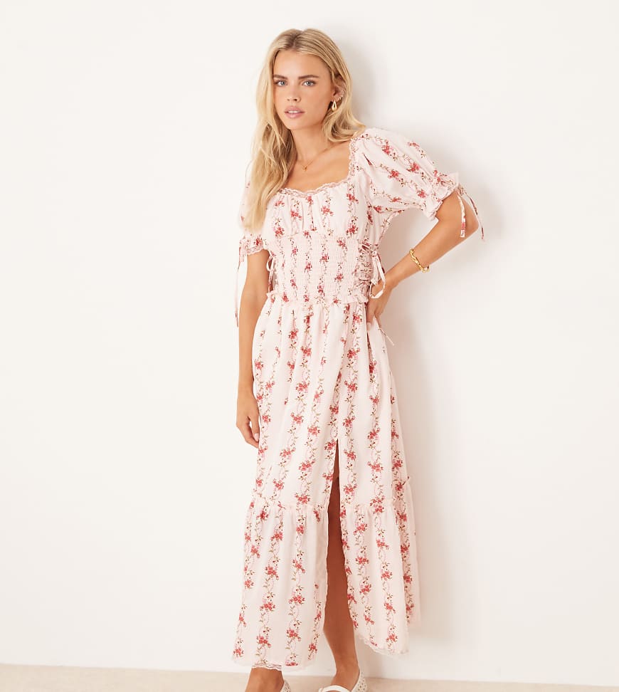 Miss Selfridge Petite - Maxi-Milchmädchenkleid mit Vintage-Blumenmuster und Korsettdetail-Rosa von Miss Selfridge Petite
